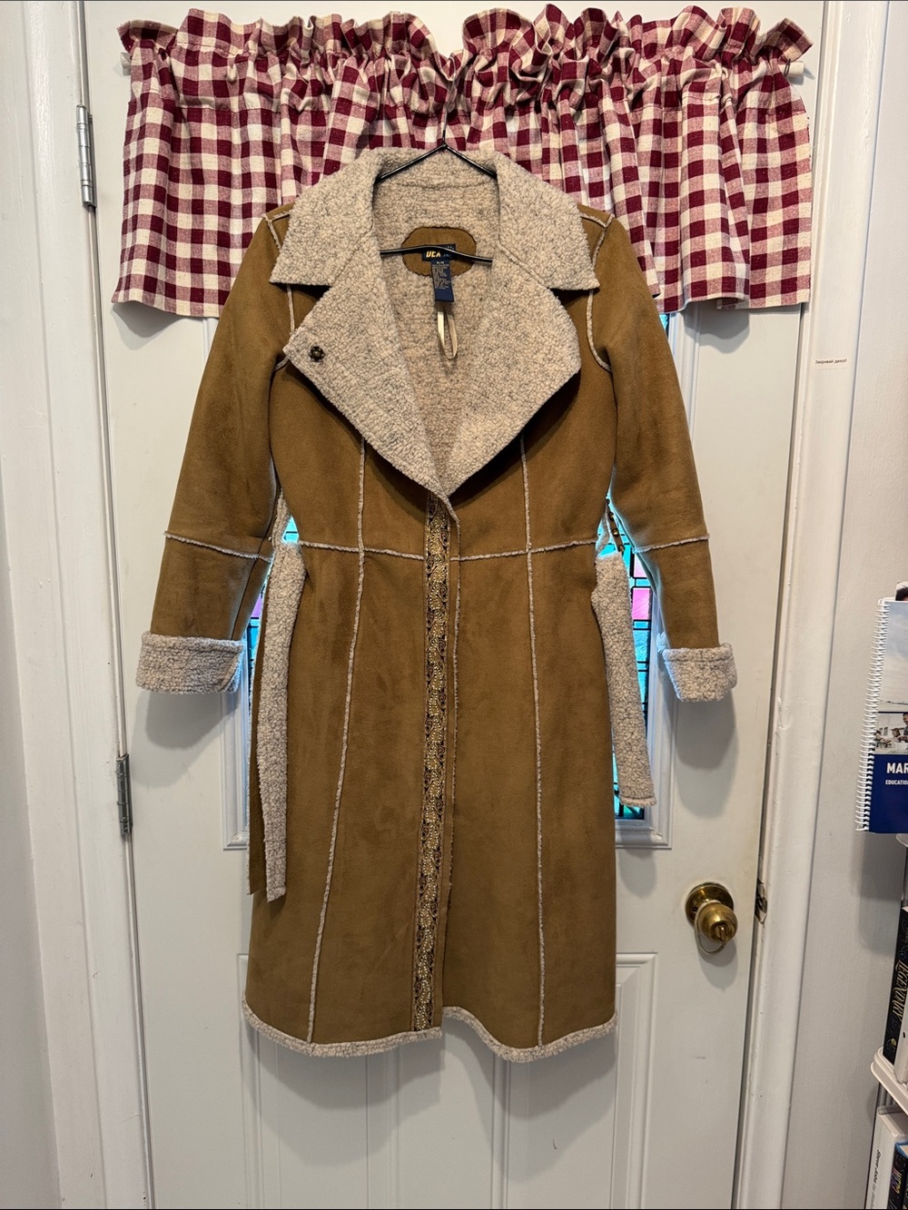 Dex Tan Faux-Suede Shearling-Trim Trench Coat